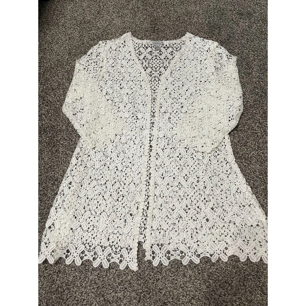 New Nina Leonard White bohemian 3/4 Open Front Bell-Sleeve Crochet Cardigan L